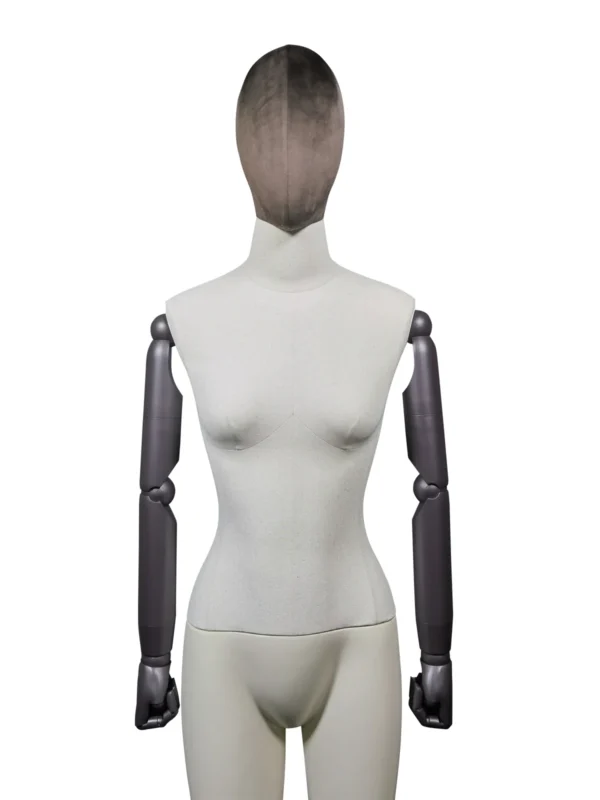 xintu-velvet-head-fabric-torso-female-01-front.webp Dark Velvet Female Full-Body Mannequin with Adjustable Arms, front view