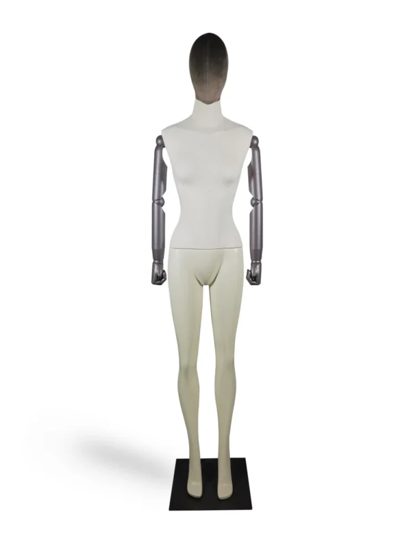 xintu-velvet-head-fabric-torso-female-02-front.webp Dark Velvet Female Full-Body Mannequin with Adjustable Arms, front view