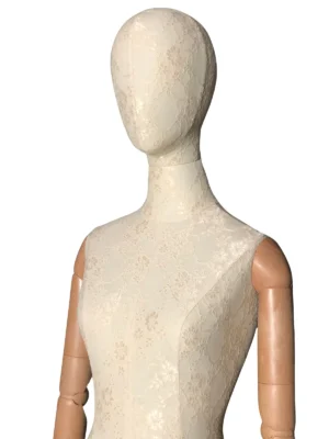 White Lace Female Full-Body Mannequin with Wooden Arms, front view