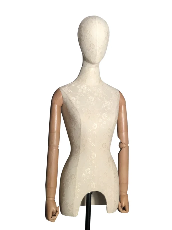 White Lace Female Full-Body Mannequin with Wooden Arms, angled view