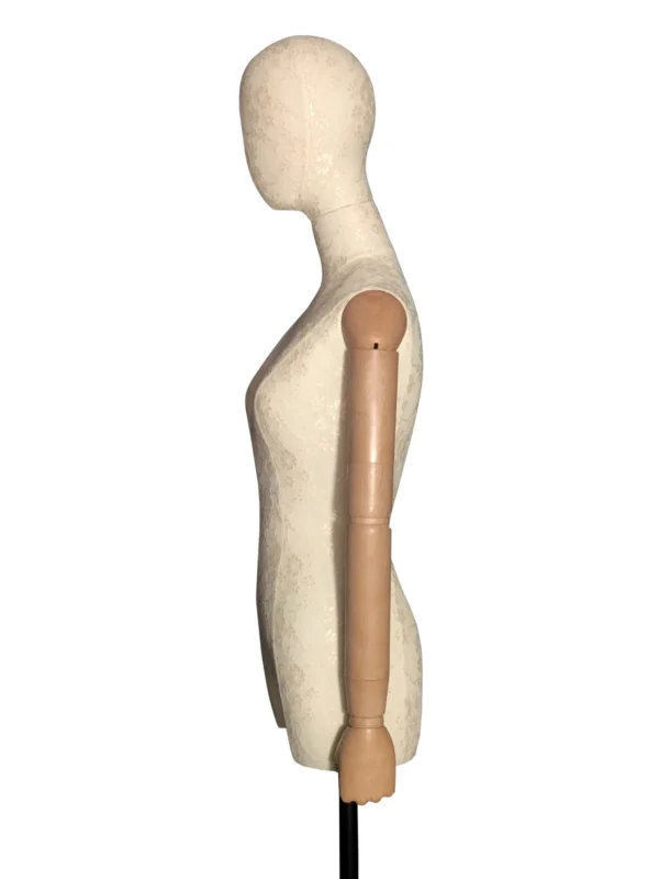 White Lace Female Full-Body Mannequin with Wooden Arms, side view