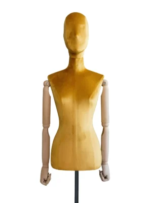 xintu-yellow-velvet-half-body-female-01-front.webp Yellow Velvet Female Half-Body Mannequin with Wooden Arms, front view