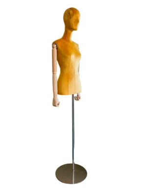 Yellow Velvet Female Half-Body Mannequin with Wooden Arms, angled view