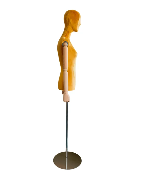 Yellow Velvet Female Half-Body Mannequin with Wooden Arms, side view