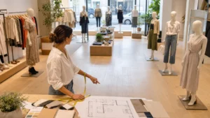 Mannequins arranged in a retail store layout to guide customer flow