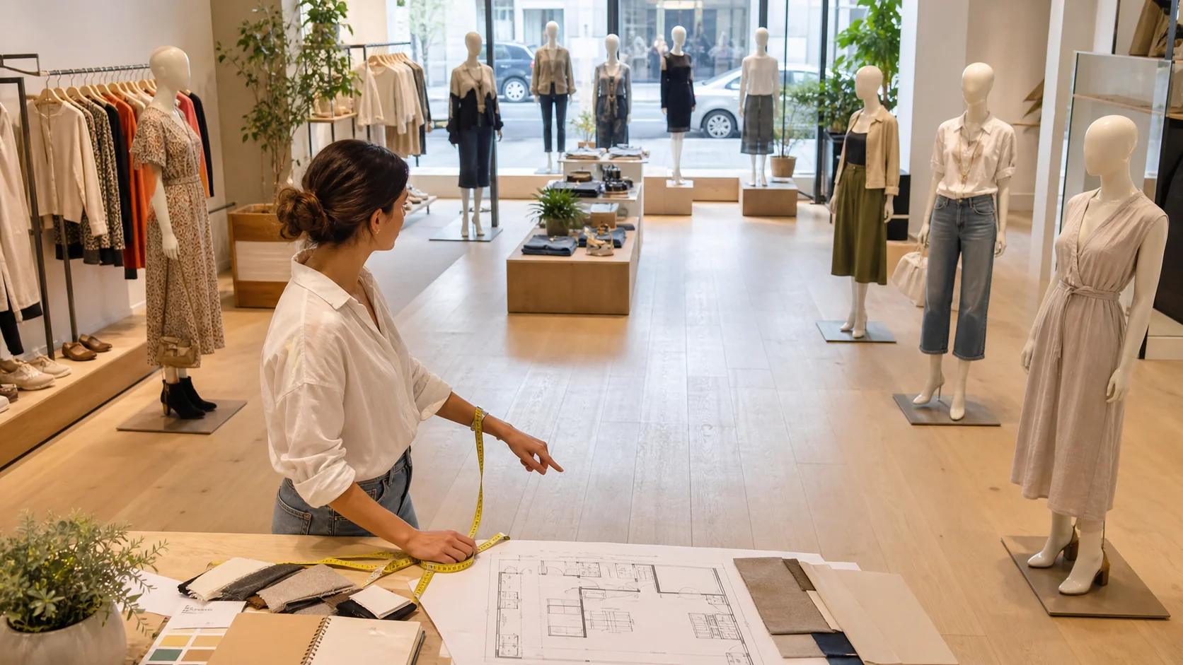 Mannequins arranged in a retail store layout to guide customer flow