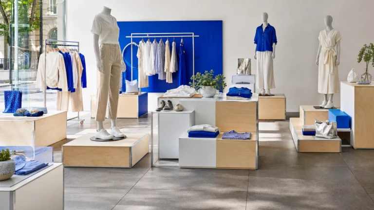Installation d’un présentoir de boutique pop-up portable avec mannequins et accessoires
