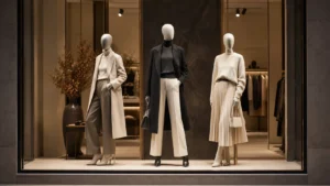 Store window display with clear visual hierarchy using mannequins