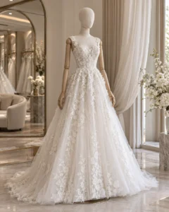 Linen fabric-covered mannequin displaying a lace wedding gown in a luxury bridal boutique