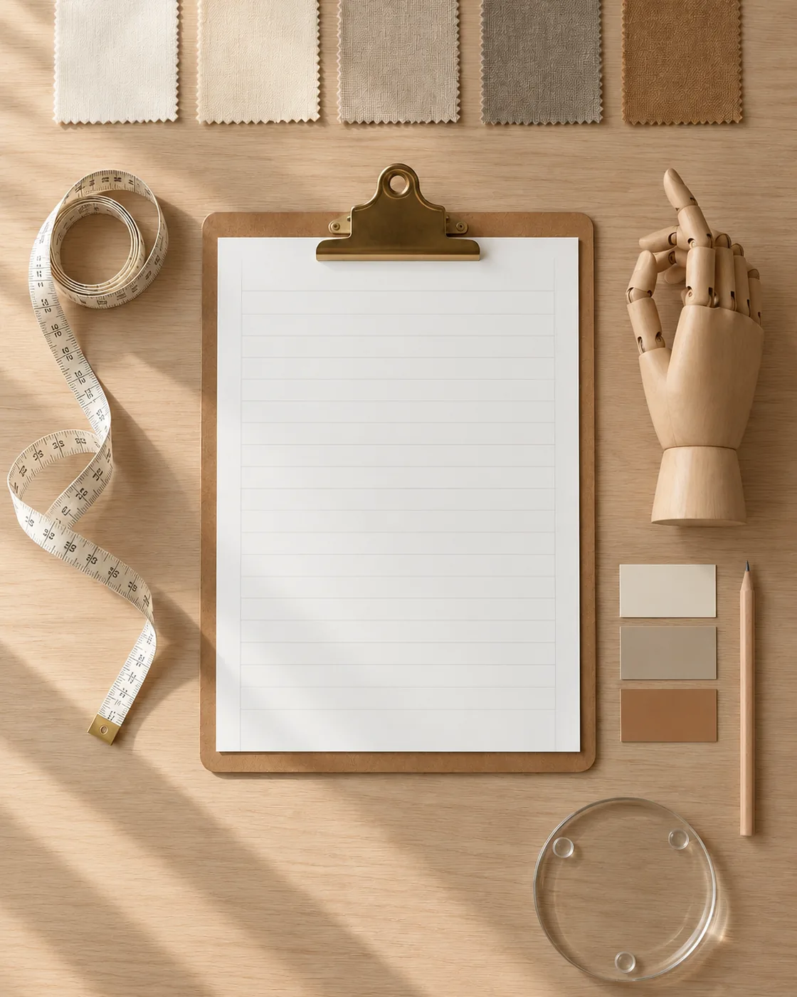 Flat lay of a mannequin specification brief: clipboard, fabric swatches, tape measure, wooden articulated hand, colour chips and glass base plate