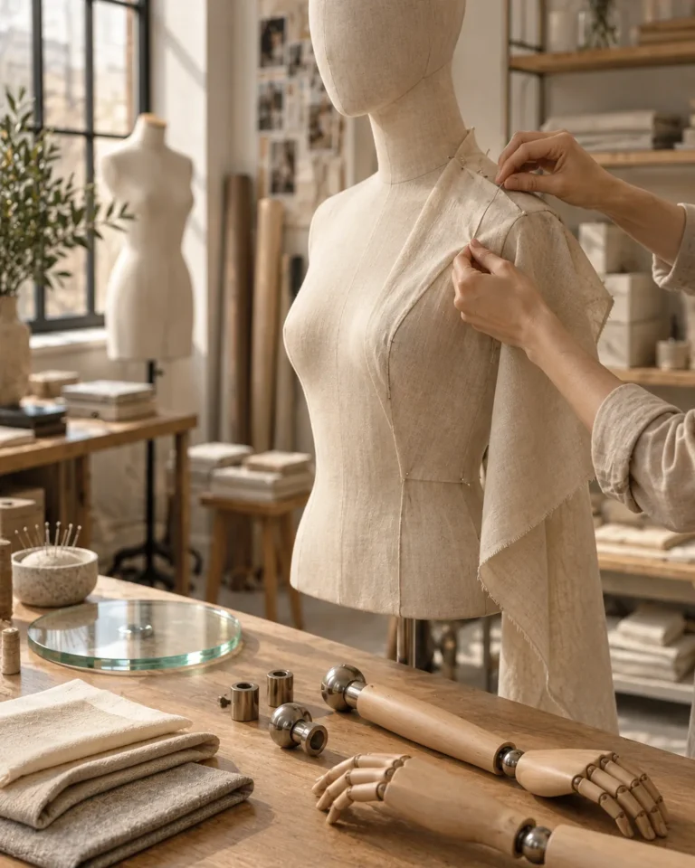 Craftsman hand-stretching linen fabric over a display mannequin torso, with wooden articulated arms and a glass base plate on the workbench
