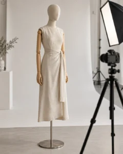 Linen fabric-covered mannequin in an e-commerce product photography studio with softbox lighting and camera