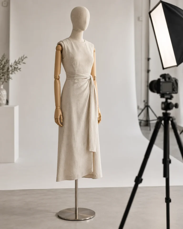 Linen fabric-covered mannequin in an e-commerce product photography studio with softbox lighting and camera