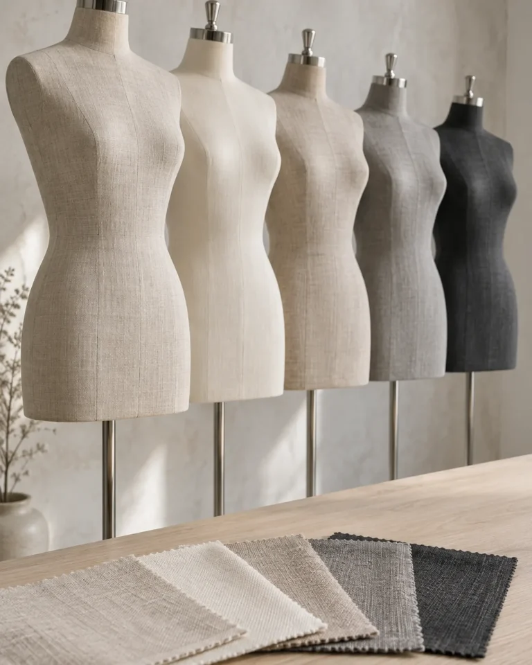 Five fabric-covered mannequin torsos in natural linen, ivory, oatmeal, warm grey and charcoal with matching fabric swatches