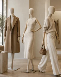 Three linen fabric-covered display mannequins with wooden articulated arms in different poses: standing straight, weight on one hip, and mid-step