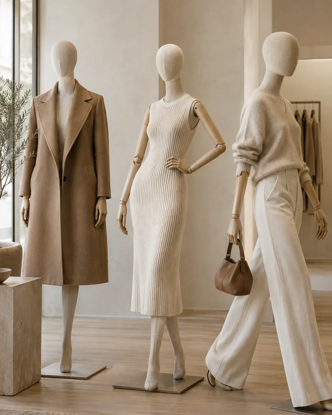Three linen fabric-covered display mannequins with wooden articulated arms in different poses: standing straight, weight on one hip, and mid-step