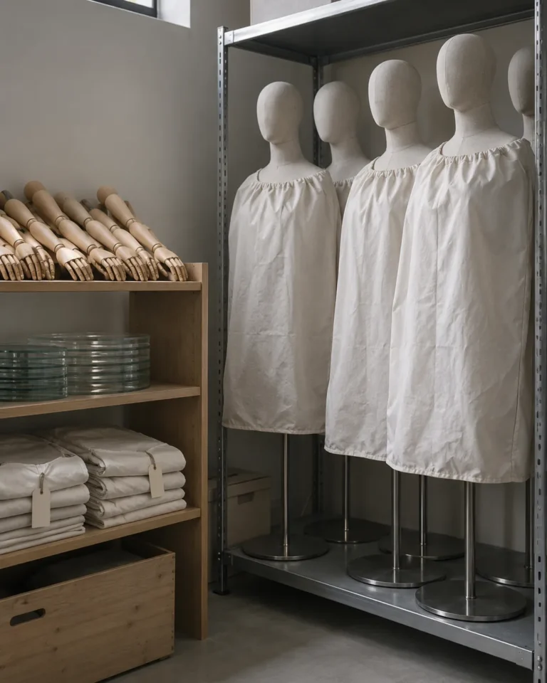 Fabric-covered display mannequins under cotton dust covers on a storage rack, with detached wooden arms and glass base plates on a shelf