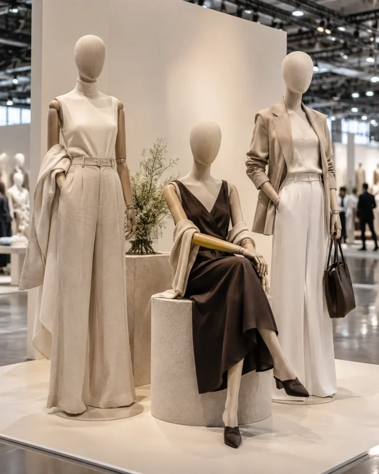 Group of linen fabric-covered mannequins on a modern trade show exhibition booth