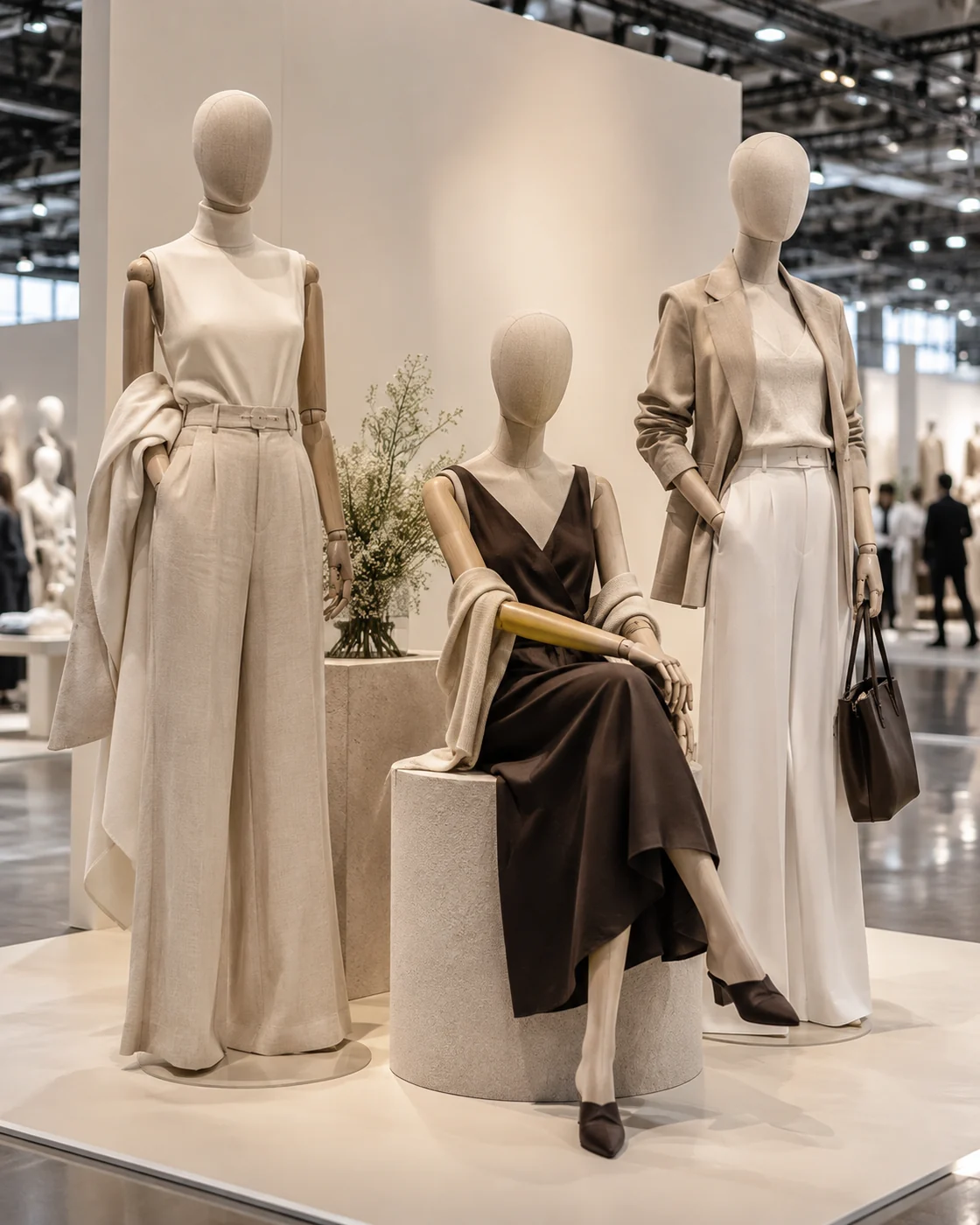 Group of linen fabric-covered mannequins on a modern trade show exhibition booth