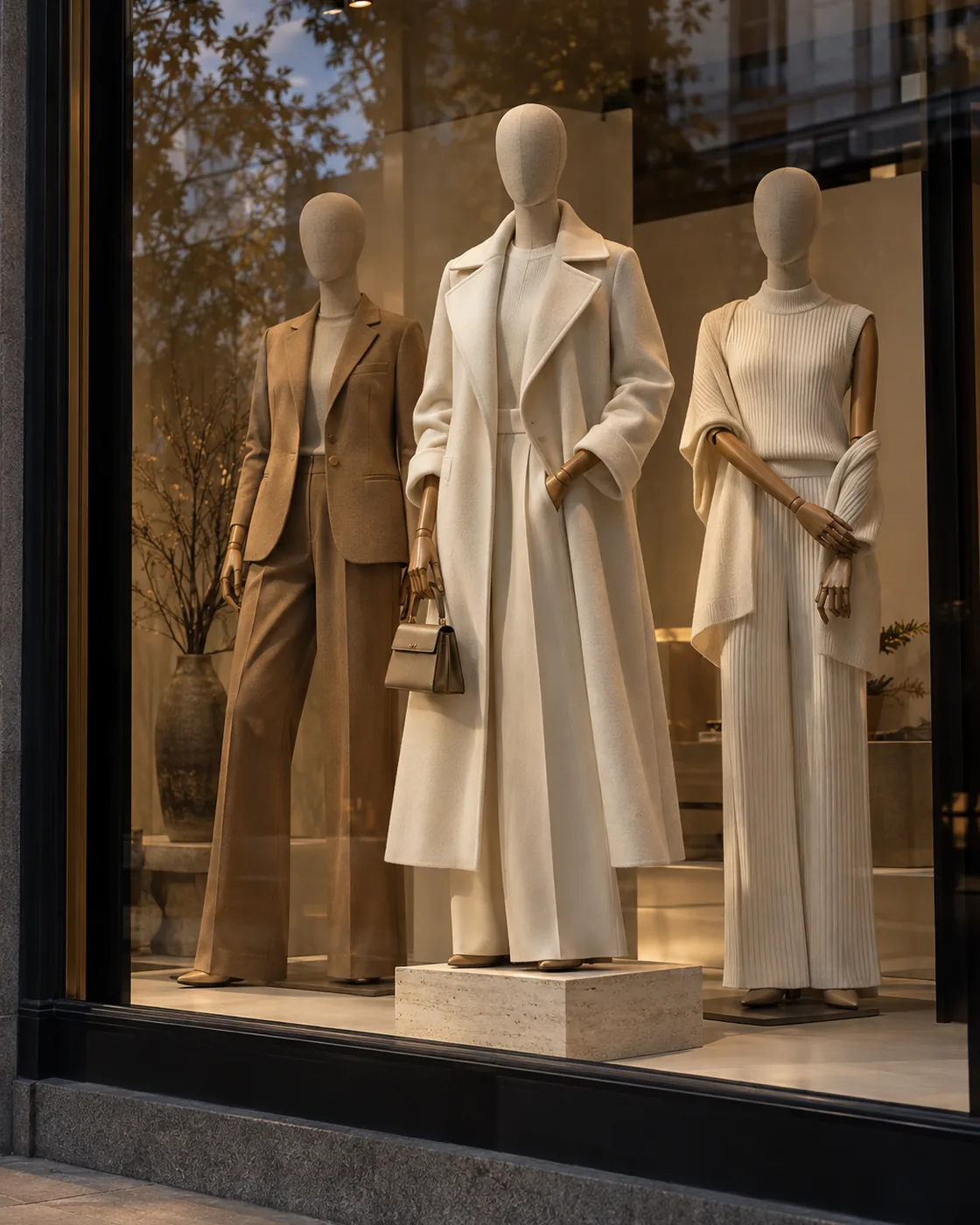 Three linen fabric-covered display mannequins with wooden articulated arms in a luxury boutique window at dusk